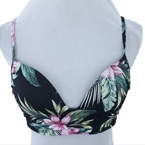 Shade & Shore Bikini Top 32B Black Palm Floral Print Underwire, Adjustable Strap
